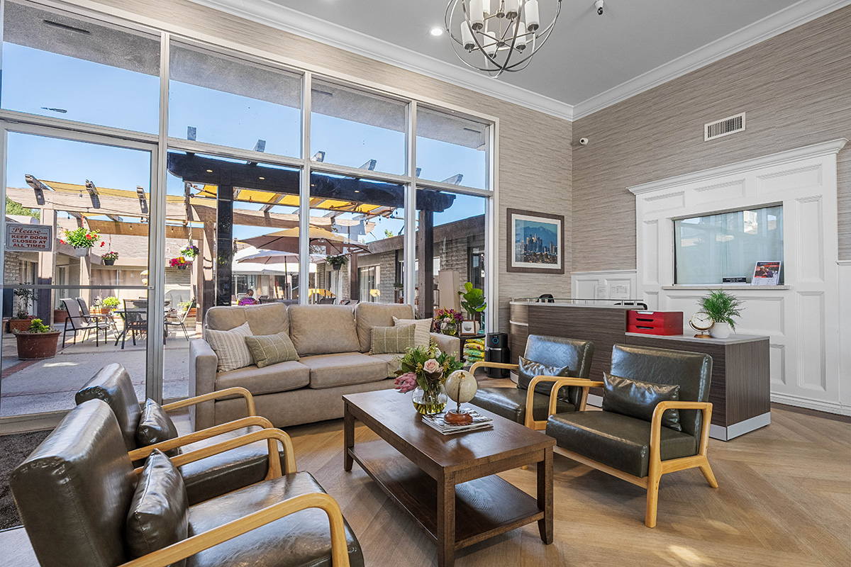 Bright, welcoming lounge with modern furniture and outdoor visibility.